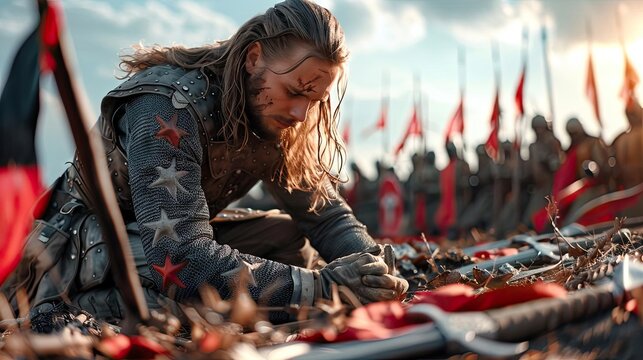 A warrior kneeling on a battlefield, surrounded by broken weapons and tattered flags, symbolizing the bittersweet taste of victory.