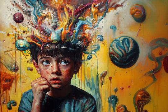 Attention Deficit Hyperactivity Disorder, ADHD with colorful exploding thoughts and creativity, daydreaming