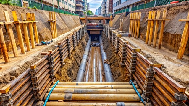 Deep trench at construction site secured with shoring to prevent collapse, surrounded by stacked pipes ready for installation, partially filled with water.