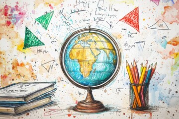 Obraz premium A colorful study scene featuring a globe, books, and pencils, symbolizing education and exploration of the world.