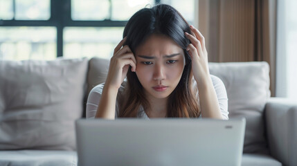 Naklejka premium A woman sits in front of a laptop, holding her head in one hand, looking worriedly at the screen