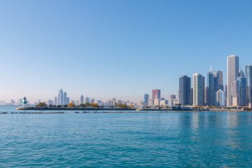 Fototapeta premium Michigan Lake Modern Architecture Tower Buildings, Downtown Chicago, Illinois, United States