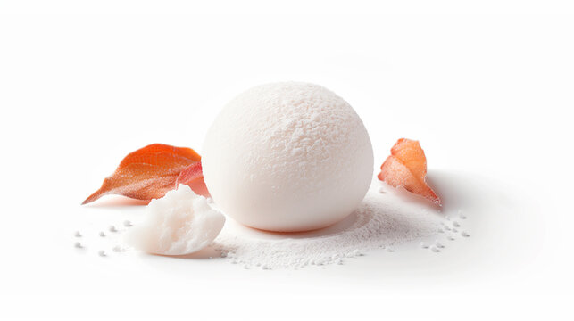A single, smooth Japanese mochi dessert, presented with delicate autumn leaves, showcasing its soft and powdery texture on a clean white background.