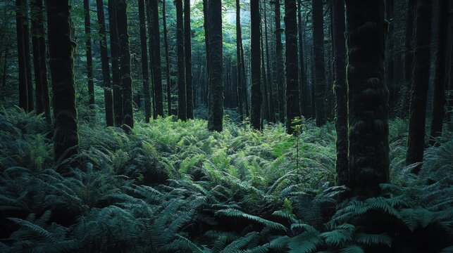 ferns and underbrush in a dimly lit woodland 