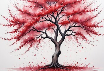 vibrant watercolor painting of a tree with a flurry of pink and red leaves, resembling a cherry blossom in full bloom against a minimalist white background.