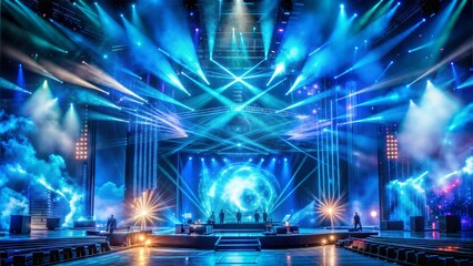 huge stage with 3D effects, fifth dimension, blue smoke and holograms