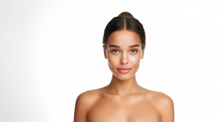 Obraz premium A young woman with smooth, fair skin and sleek dark hair looks directly at the camera. Her neat hairstyle and poised expression emphasize her elegance.