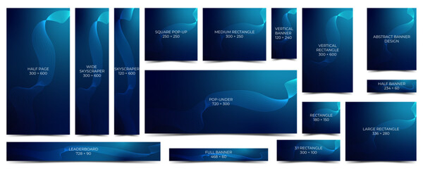 SET OF STANDARD WEB BANNER AD SIZE NUMBER 1 WITH TECH OR TECHNOLOGY WIREFRAME AND DARK GRADIENT THEMES