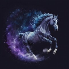 Dynamic Galloping Horse Surrounded by Cosmic Dust and Galaxy Particles