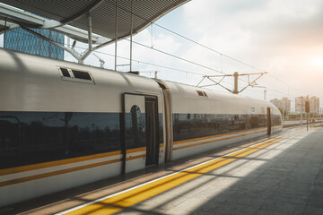 Fototapeta premium Modern Train at Station under a Bright Sky with Sunlight