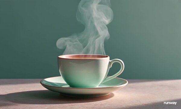 A minimalistic illustration of a pastel coffee cup on a saucer with light steam, in mint green or blush pink, on a clean pastel background, ideal for a cozy phone wallpaper.