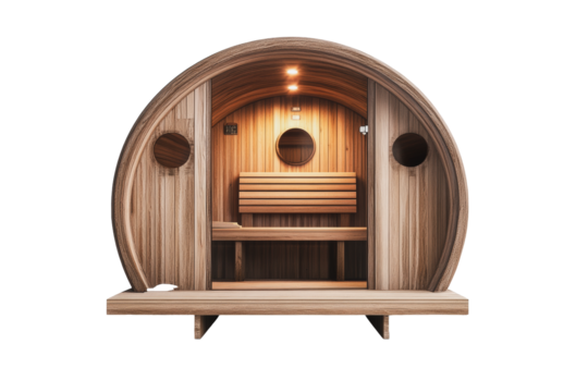PNG Wooden barrel sauna with interior benches and circular windows located outdoors