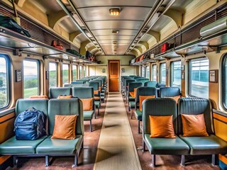 Fototapeta premium Empty rail car interior with luggage-cluttered seats, footrests, and informative boards, showcasing a typical Indonesian train cabin's functional yet worn aesthetic.