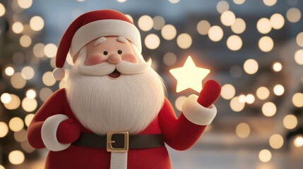 Santa Claus holding a glowing star ornament, with twinkling Christmas lights in the background, in a festive holiday atmosphere.