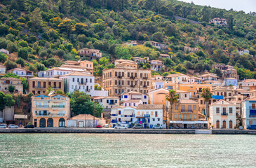 The waterfront of Gytheio, with neo-classical houses. Gytheio is a town on the eastern shore of the Mani Peninsula, in Peloponnese, Greece.