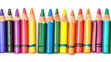 Fototapeta premium Row of School Crayons on a White Background, Featuring a Spectrum of Colors
