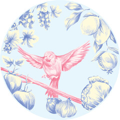 Bird botanical floral painting illustration	