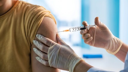 Healthcare Professional Administering Vaccine: Female Nurse Giving Injection to Patient's Arm for Disease Prevention Against Flu and Pandemic In Hospital/Clinic 