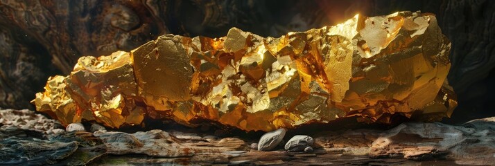 Geological sample of golden mineral ore.