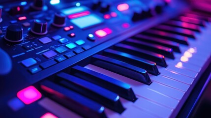 Close Up of a Keyboard Illuminated by Purple and Pink Lights