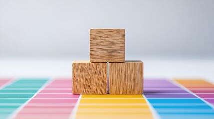 Four wooden blocks stacked together on a colorful grid