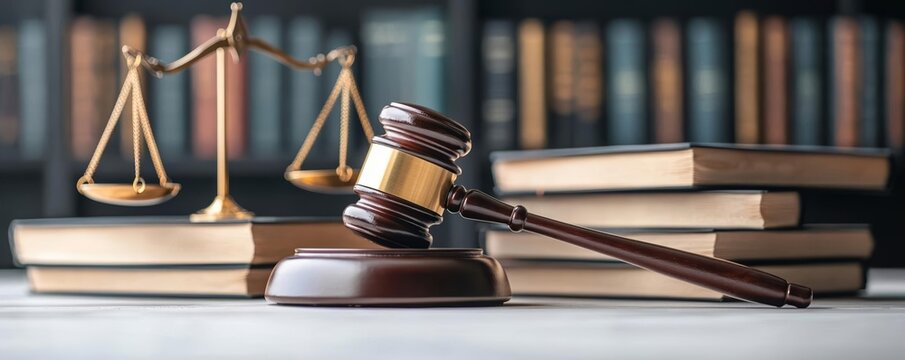 Detailed shot of a gavel with law books and scales