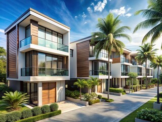 Fototapeta premium Modern townhouses under construction in Thailand, featuring sleek architectural designs, clean lines, and contemporary facades, surrounded by tropical palm trees and serene scenery.