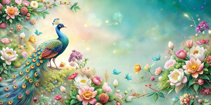 Peacock on Flowers Abstract Floral Background Paper Quiling Quilling Art Bird Animal , with copy space, with empty space, no text, no word, no character, --no logo --no letters --no text, no watermark