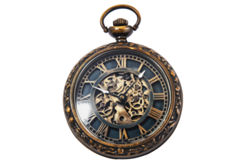 PNG Antique pocket watch with visible gear mechanism and Roman numerals displayed on a plain background