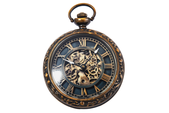 PNG Antique pocket watch with visible gear mechanism and Roman numerals displayed on a plain background - Powered by Adobe