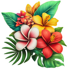 Fototapeta premium PNG Vibrant tropical flowers with lush green leaves arranged beautifully in a colorful display
