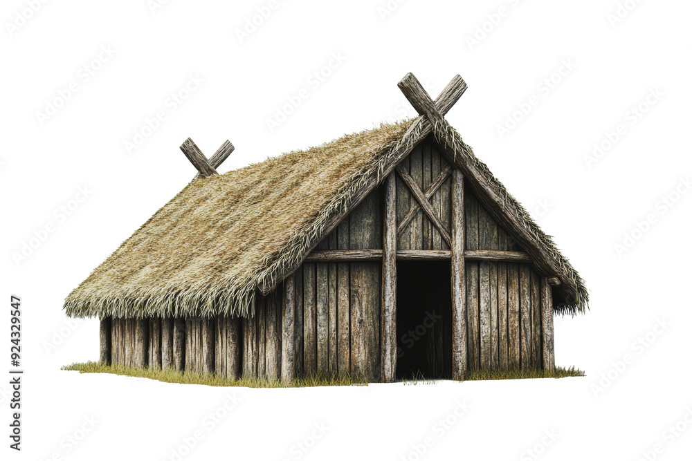 Wall mural PNG Traditional thatched-roof dwelling in a historical rural setting during daylight