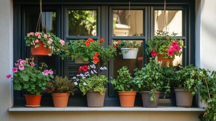 Fototapeta premium Windowsill with Blooming Flower Pots and Plants