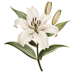 Fototapeta premium PNG White lily in bloom with green leaves and budding flowers