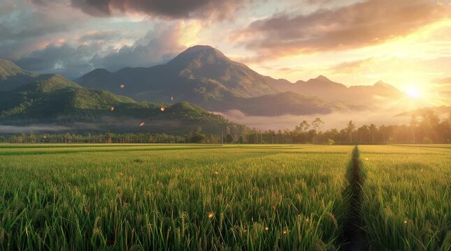 Serene ricefield by majestic mountains on a sunny day, with lush greenery and a peaceful rural landscape
 Seamless looping 4k time-lapse virtual video animation Generated AI