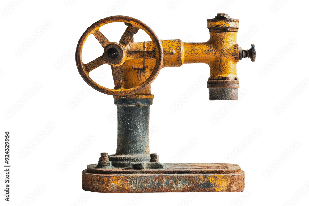 Wall mural PNG Old industrial valve with a large wheel and rusted base in a workshop setting