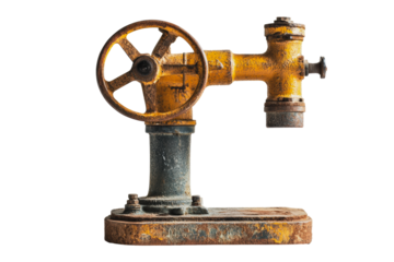 PNG Old industrial valve with a large wheel and rusted base in a workshop setting