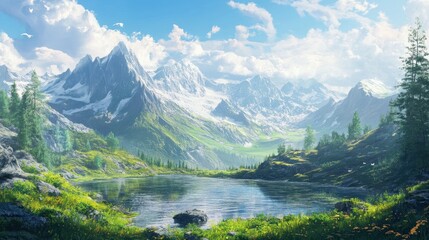 Mountain Lake with Green Grass and Blue Sky.