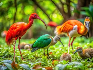 Colorful ibis birds forage for food in a lush green forest, while a bushy-tailed squirrel in the foreground ignores the commotion, going about its business.