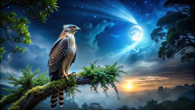 of a majestic Garuda bird perched on a tree at night , Garuda, bird, tree, night, sitting, majestic, wings, feathers, mythical