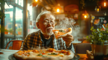 An elderly Asian man with glasses looks thoughtfully at a piece of pizza in his hand. The pizza is hot and steam is rising from it. A man is sitting at a table in a pizzeria