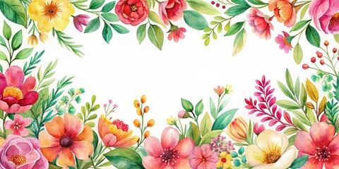 Watercolor floral pattern with pink, red, yellow, orange, and green flowers and leaves , seamless, abstract, botanical