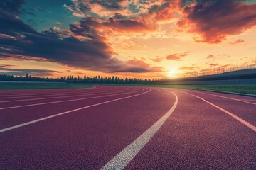 Fototapeta premium Empty nobody running track with sunset sky, sport background with generative ai