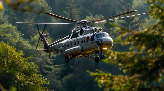 EC-225 helicopter flying in forest