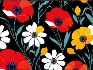 seamless pattern with flowers, argyle daisy poppy marigolds pattern overlay in bright jewel tones black white cartoon drawing	