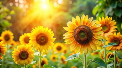 Fototapeta premium Gorgeous sunflowers blooming in a vibrant garden, sunflowers, garden, bright, yellow, sunny, nature, flora, petals, blossoms