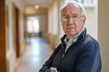 An elderly man wearing glasses, standing confidently in a hallway with a serious expression
