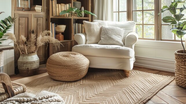 An earthytoned rug with a handwoven herringbone design adding a touch of rustic charm to a cozy reading nook.