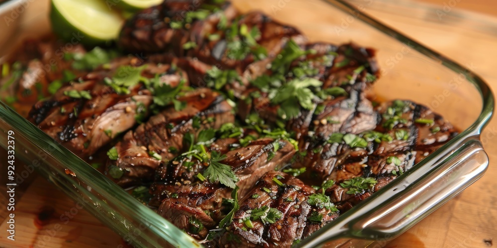 Poster Steak flank marinated with homemade lime and cilantro in a glass container