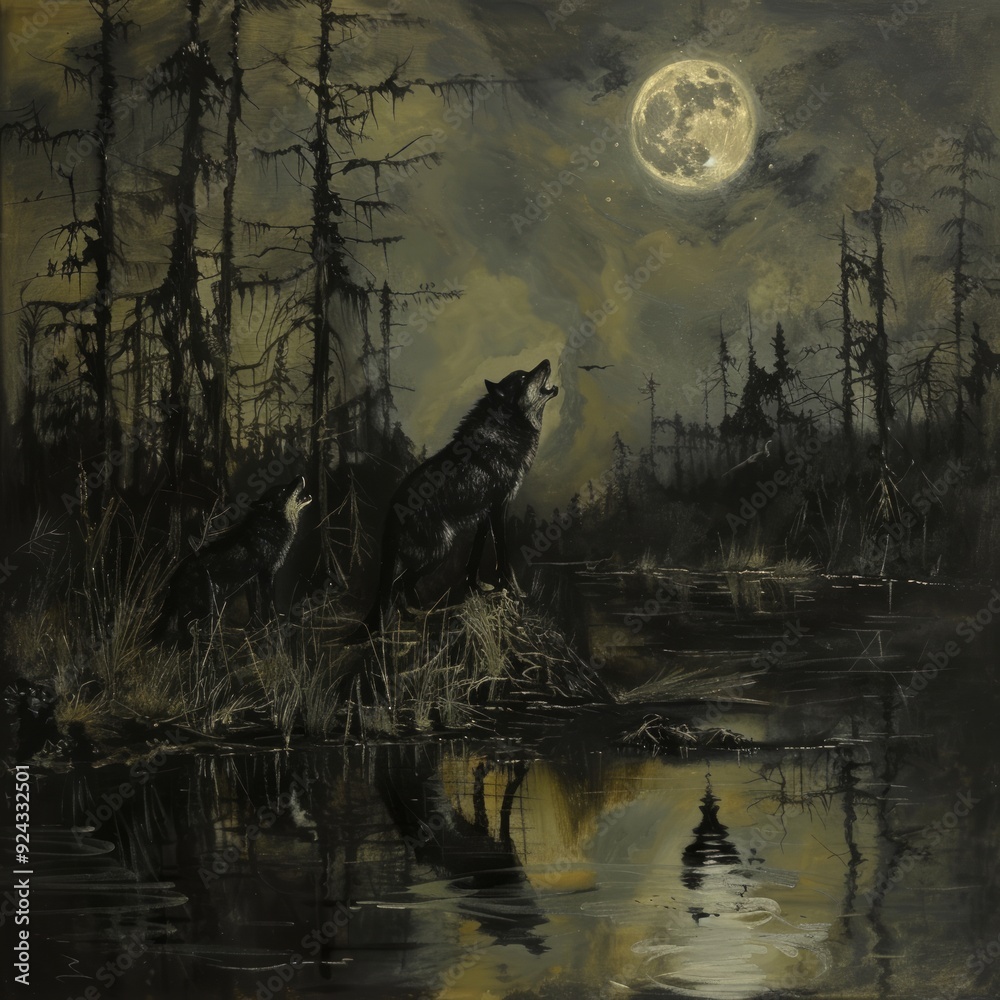 Wall mural Two wolves howl at the moon in a dark forest.